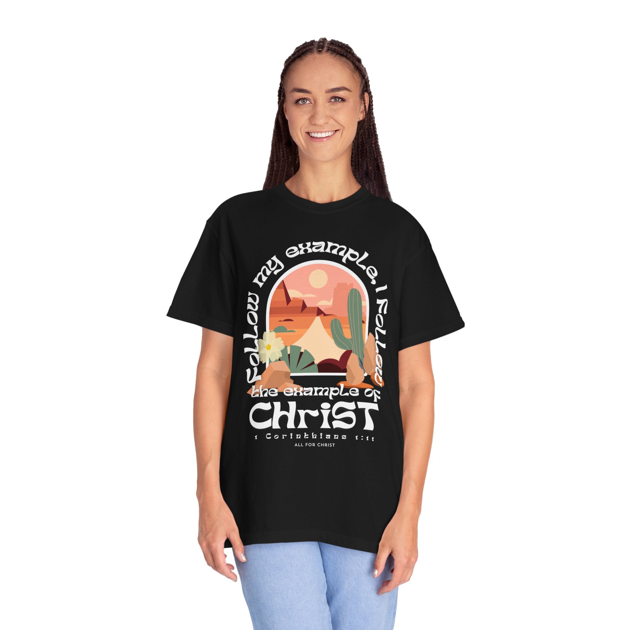Christian Graphic T-Shirt — "Follow My Example": Retro Desert Faith Tee