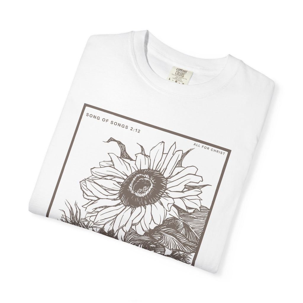 Sunflower Botanical T-Shirt — Floral Sketch Tee with "Flowers Appear on the Earth" Quote