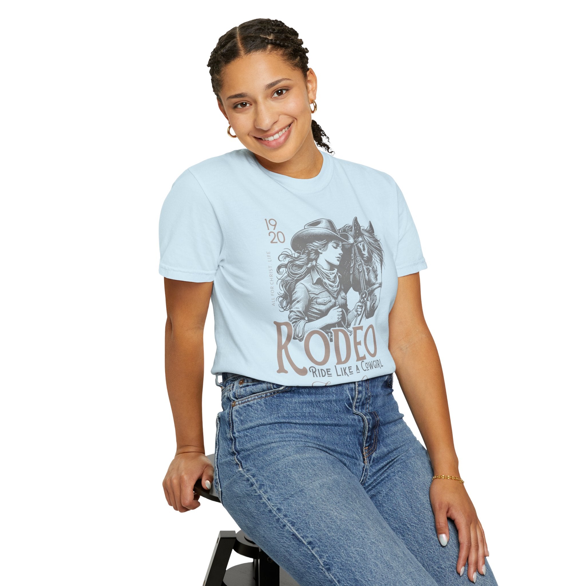 Rodeo Cowgirl T-Shirt — "Ride Like a Cowgirl of Jesus Christ" Western Horse Graphic