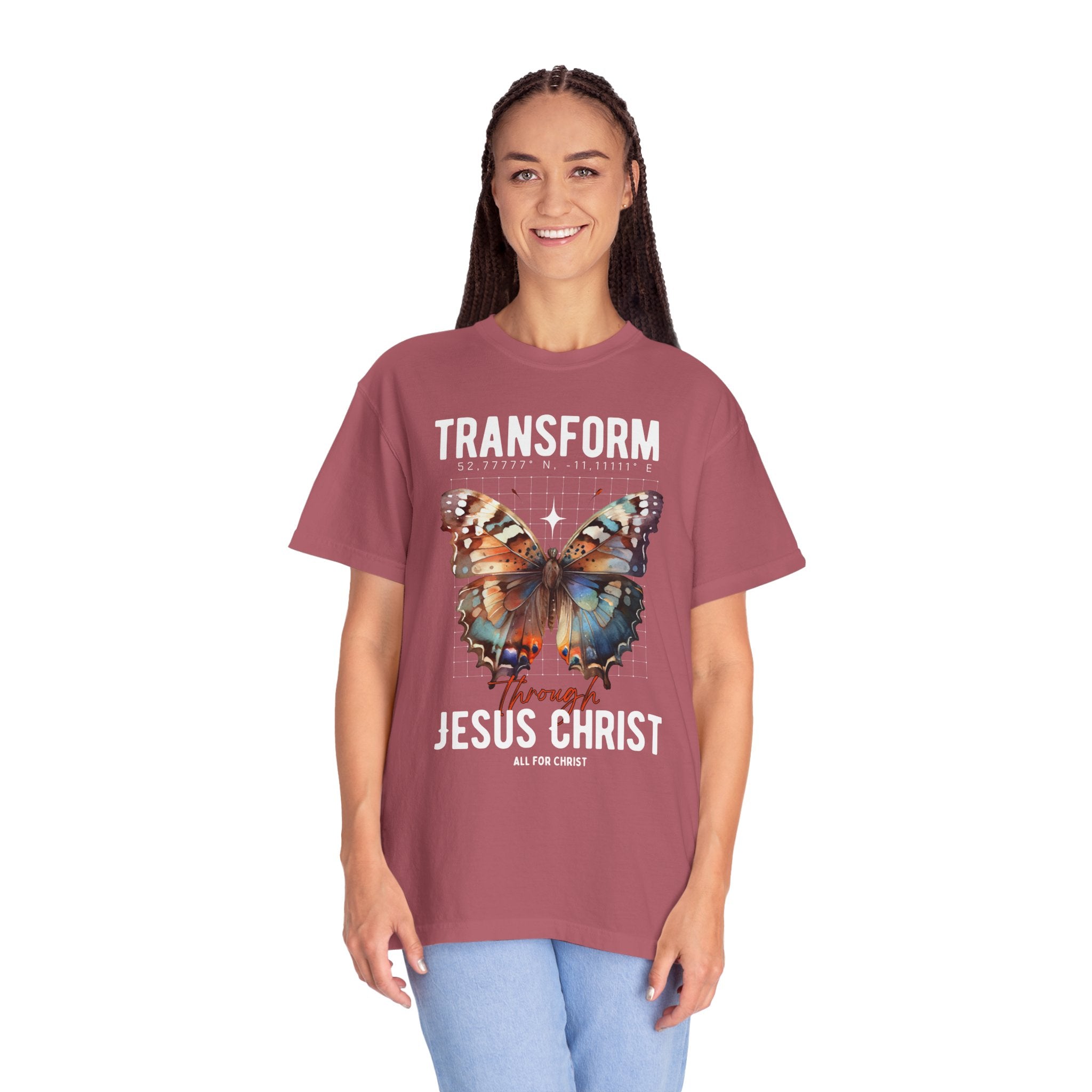 Christian T-Shirt — "Transform Through Jesus Christ" Butterfly Faith Tee