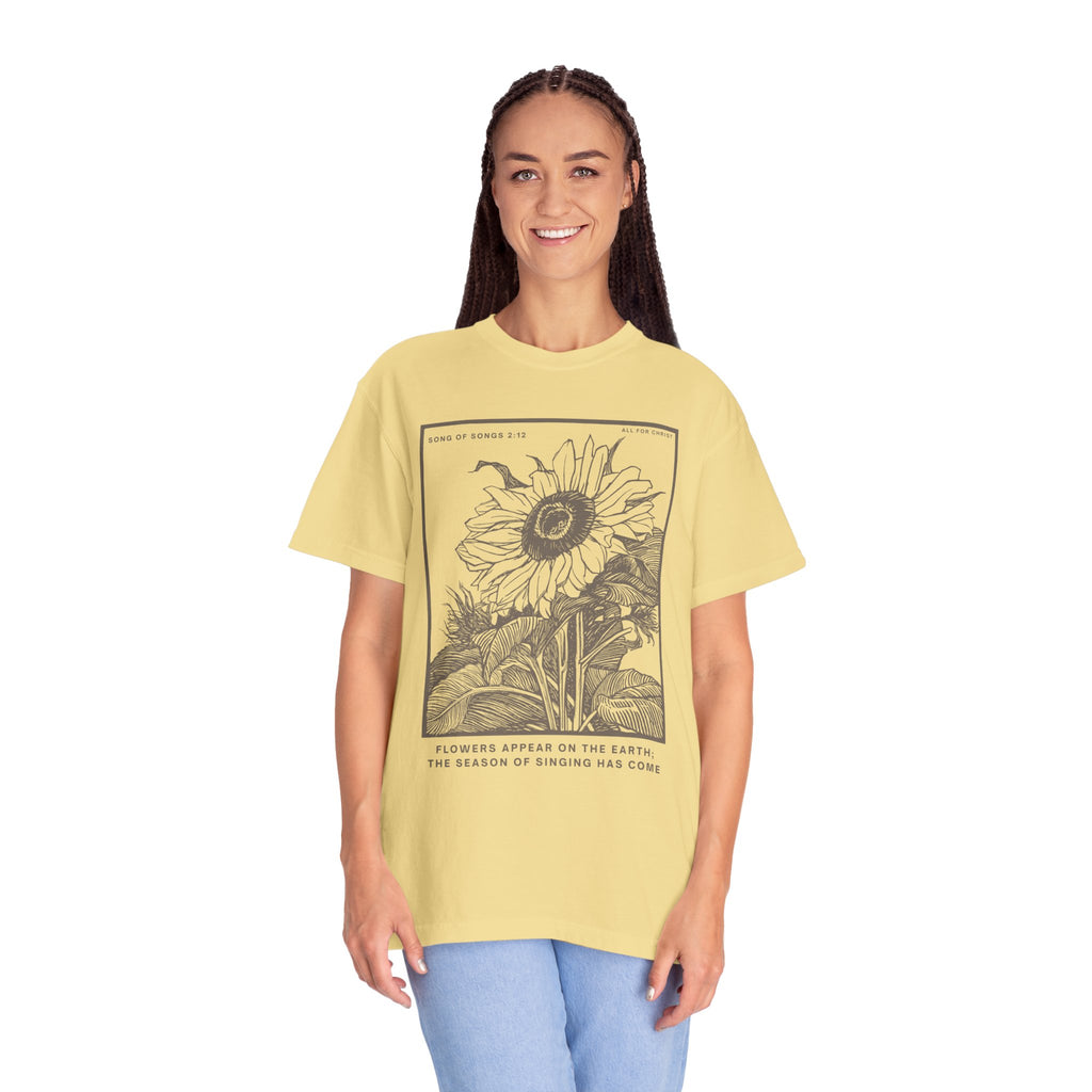 Sunflower Botanical T-Shirt — Floral Sketch Tee with "Flowers Appear on the Earth" Quote