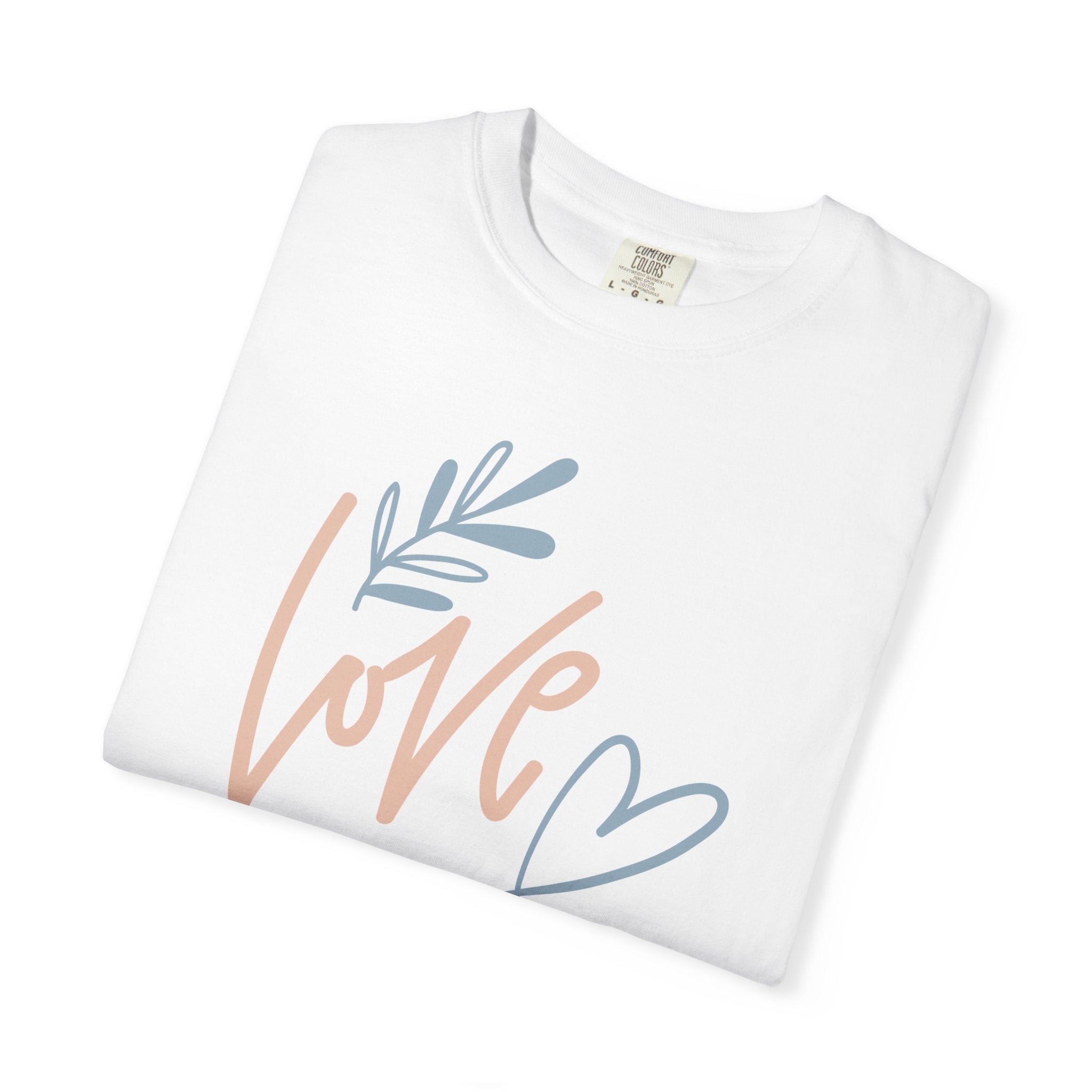 Love Handwritten T-Shirt — Pastel Heart & Leaf Graphic