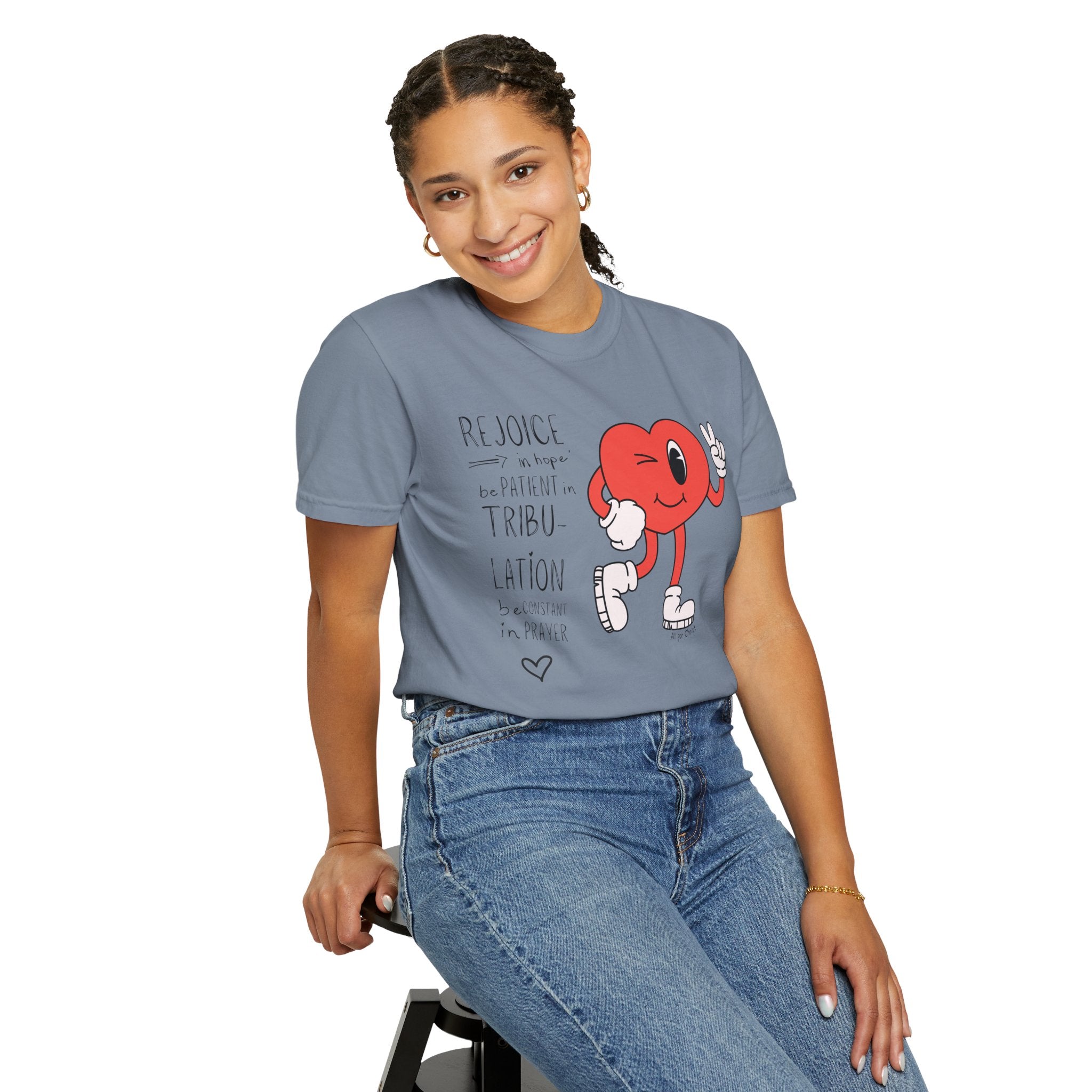 Rejoice Heart Character T-Shirt — 'Rejoice, be patient, tribulation' Christian Graphic Tee