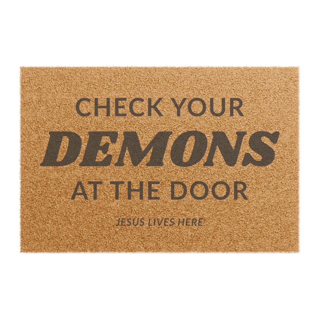 "Check Your Demons at the Door" Doormat — Funny Faith-Inspired Welcome Mat