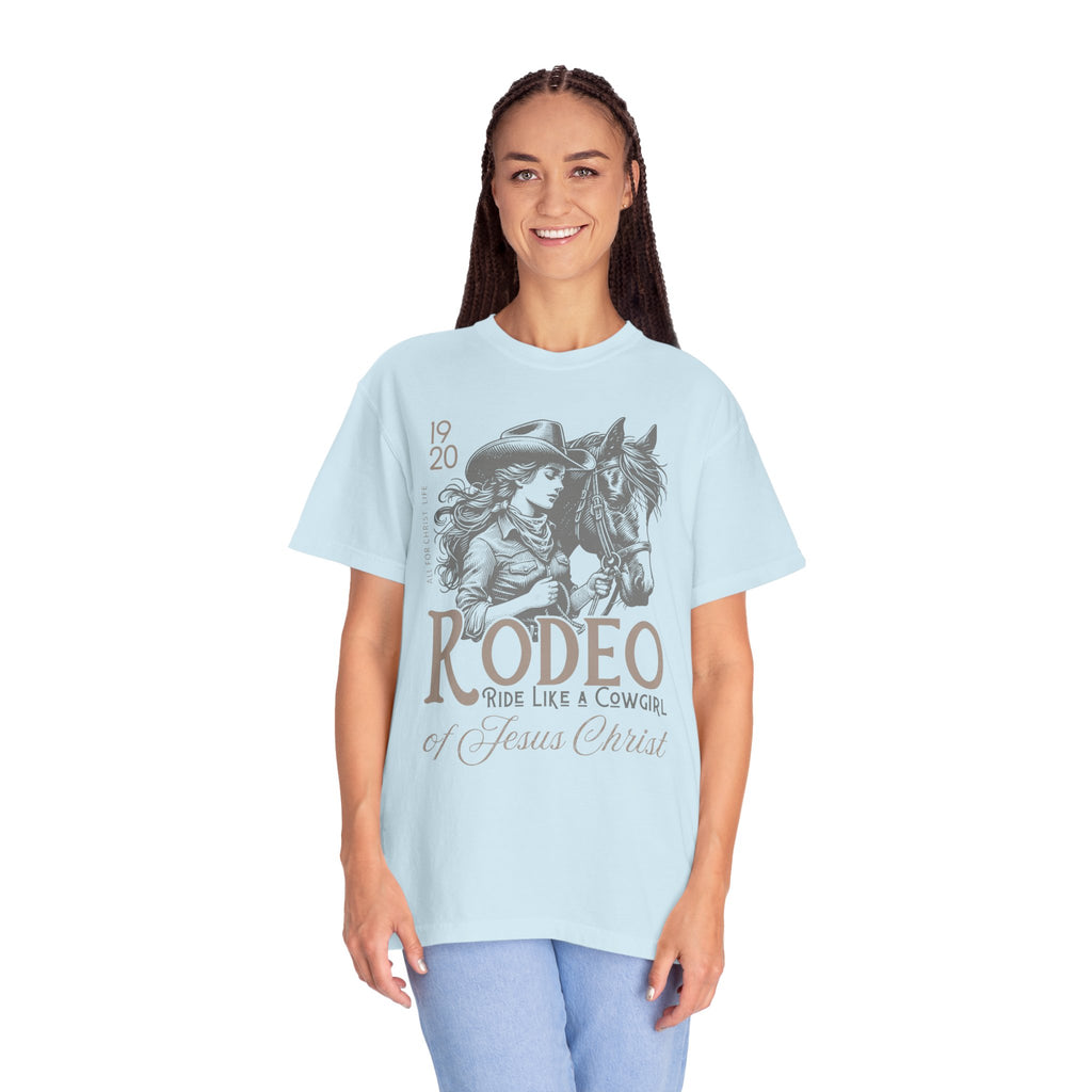 Rodeo Cowgirl T-Shirt — "Ride Like a Cowgirl of Jesus Christ" Western Horse Graphic