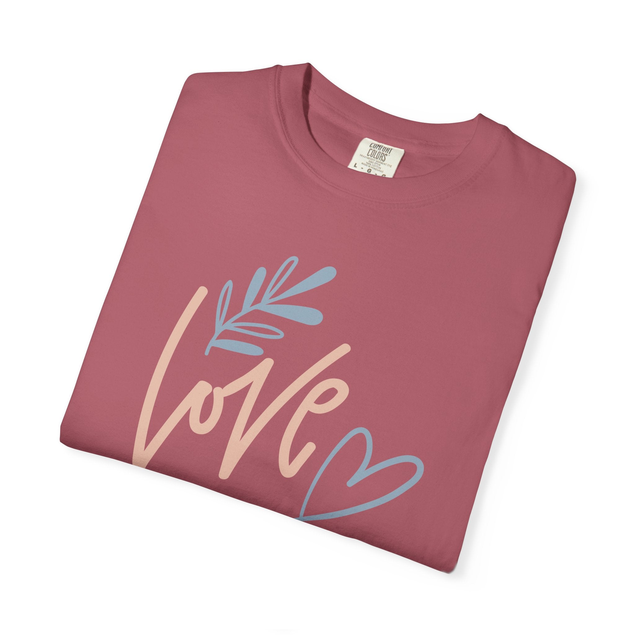 Love Handwritten T-Shirt — Pastel Heart & Leaf Graphic