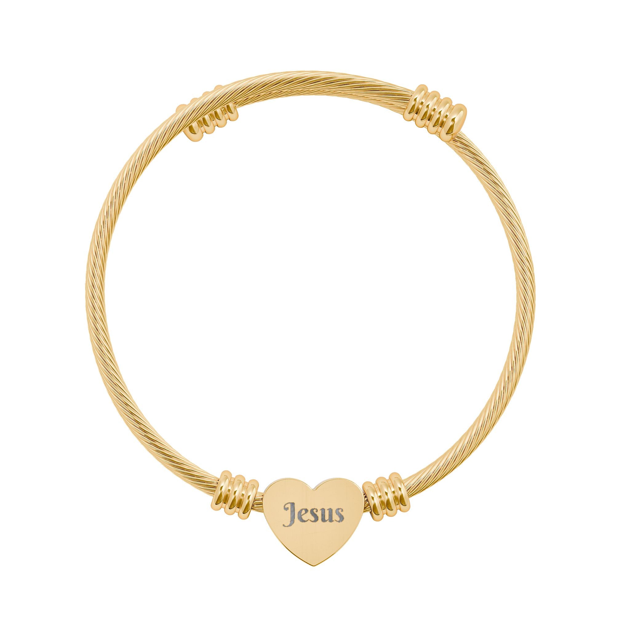 "Jesus" Script Engraved Heart Cuff Bracelet – Religious Charm, Silver or Gold