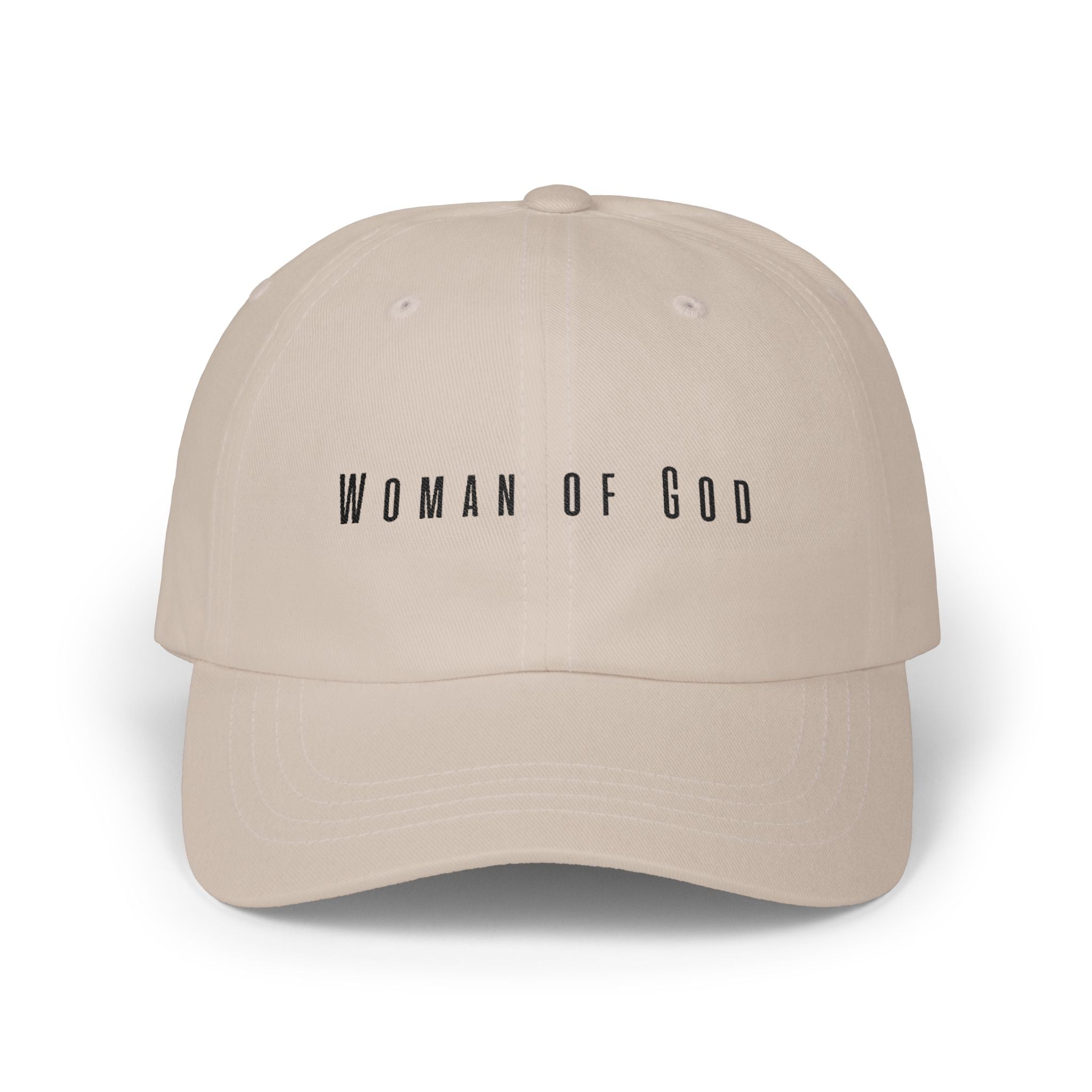 Woman of God Dad Cap — White Embroidered Christian Baseball Hat (’Christ’ Back Accent)