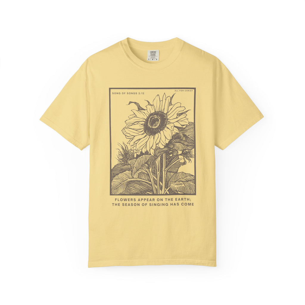 Sunflower Botanical T-Shirt — Floral Sketch Tee with "Flowers Appear on the Earth" Quote