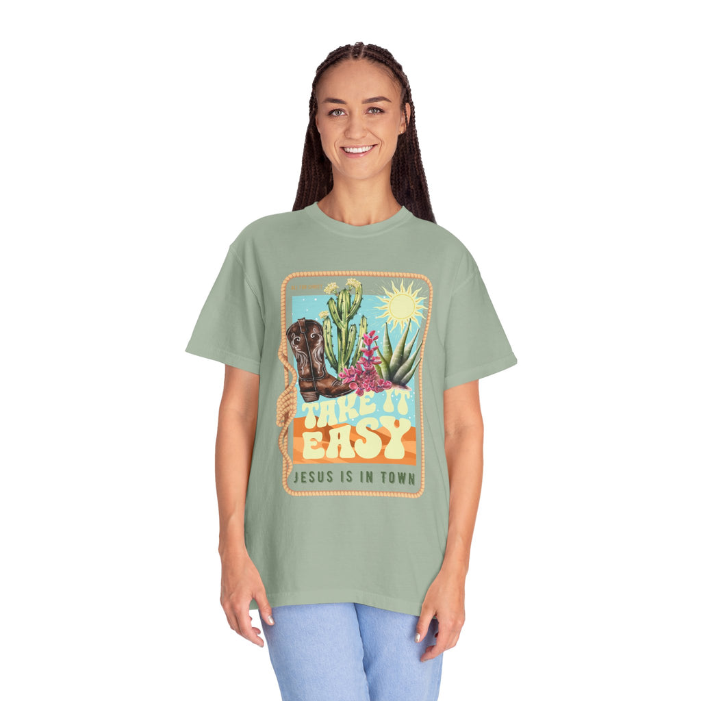 Take It Easy T-Shirt — Retro Desert Christian Graphic Tee (“Jesus Is In Town”)