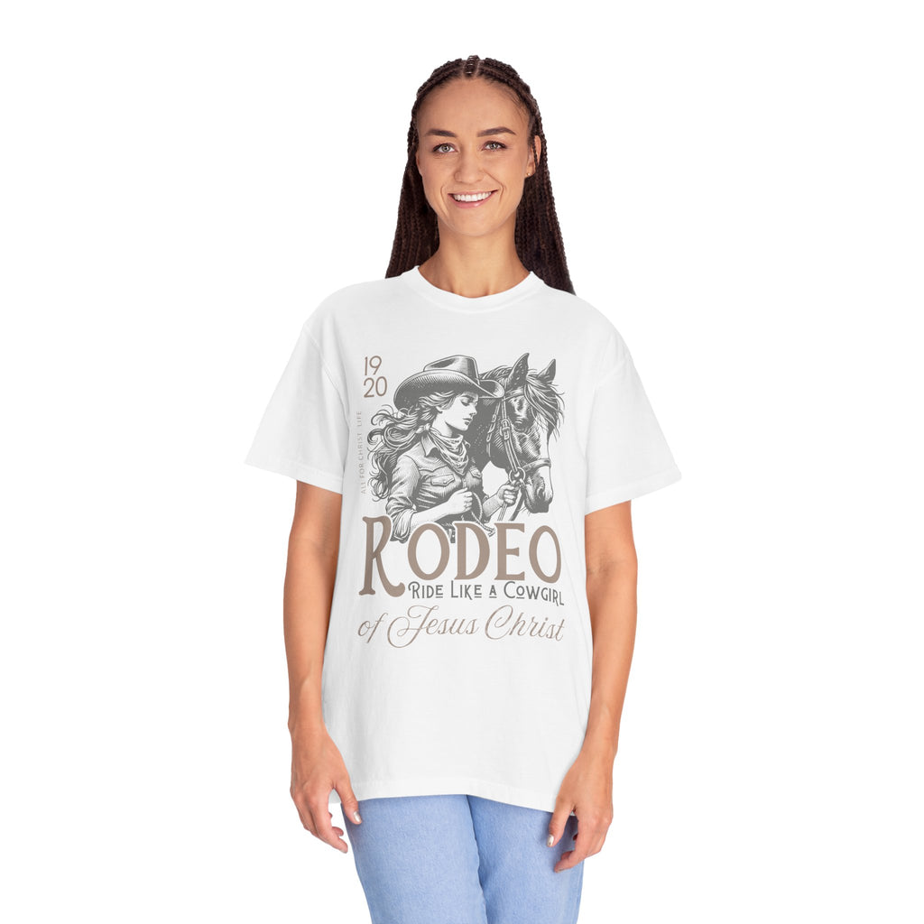Rodeo Cowgirl T-Shirt — "Ride Like a Cowgirl of Jesus Christ" Western Horse Graphic