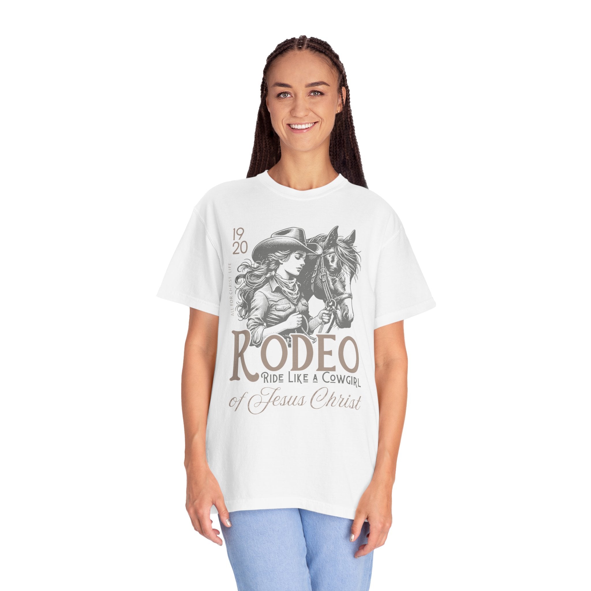 Rodeo Cowgirl T-Shirt — "Ride Like a Cowgirl of Jesus Christ" Western Horse Graphic