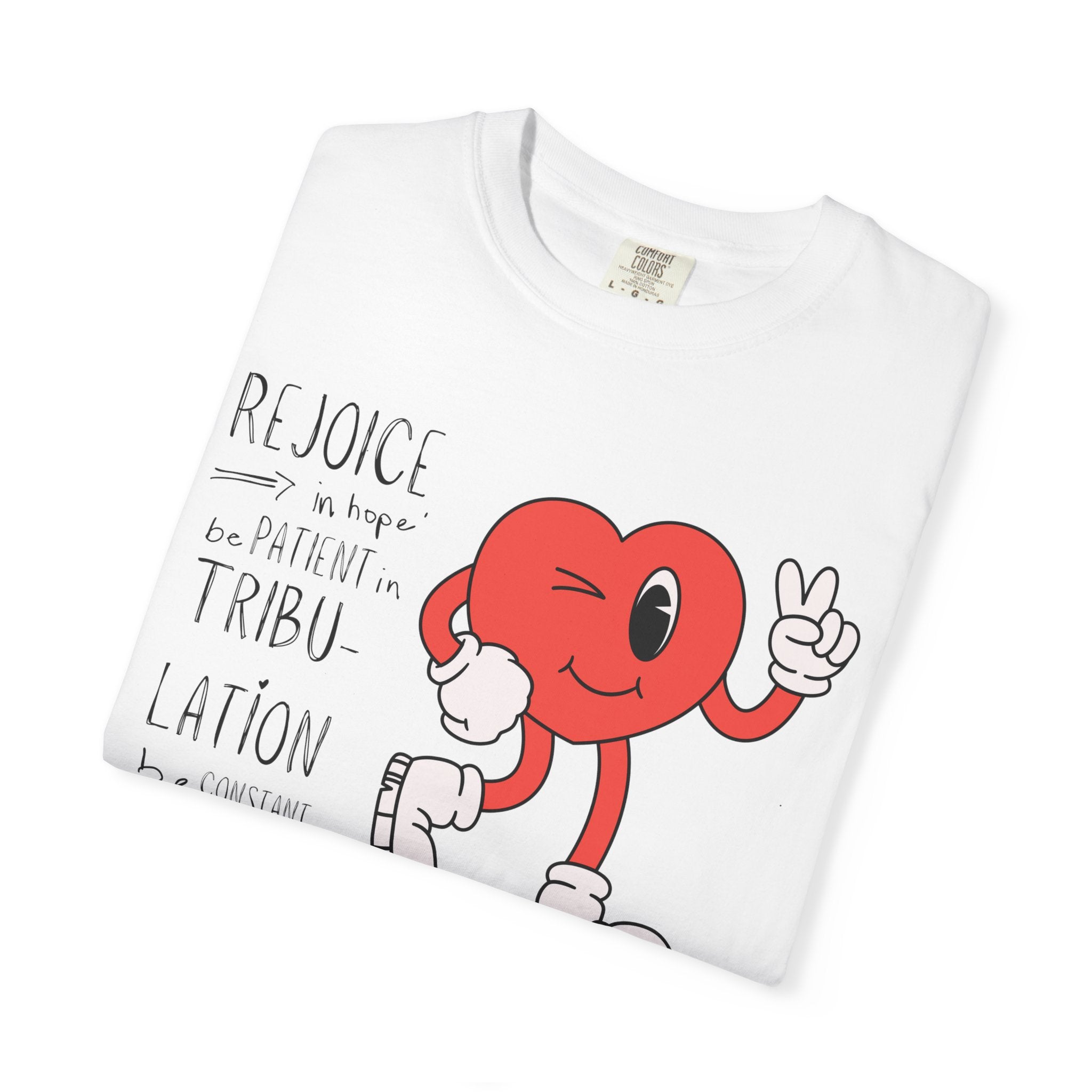 Rejoice Heart Character T-Shirt — 'Rejoice, be patient, tribulation' Christian Graphic Tee