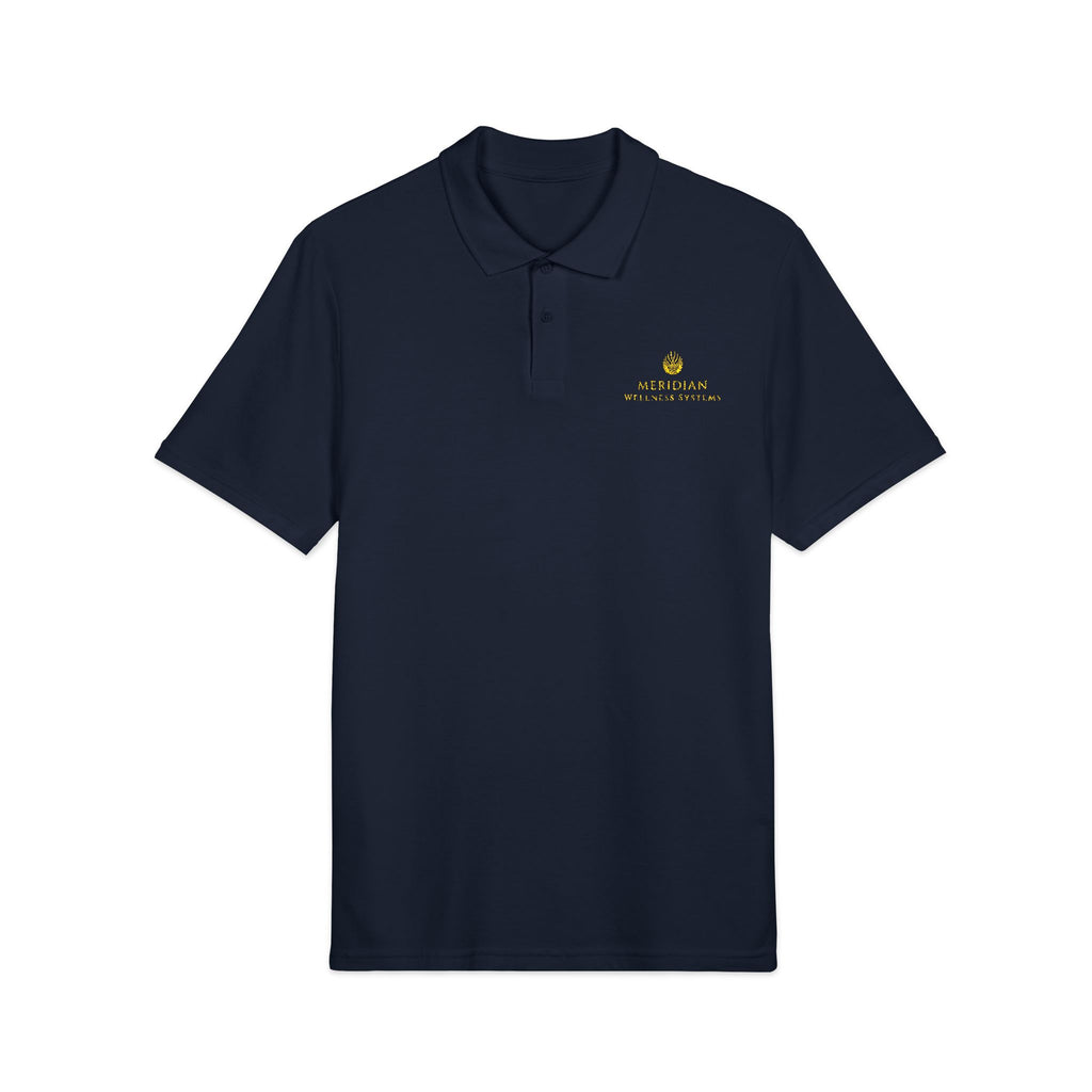 Embroidered Navy Polo Shirt — Small Golden Crest Chest Logo