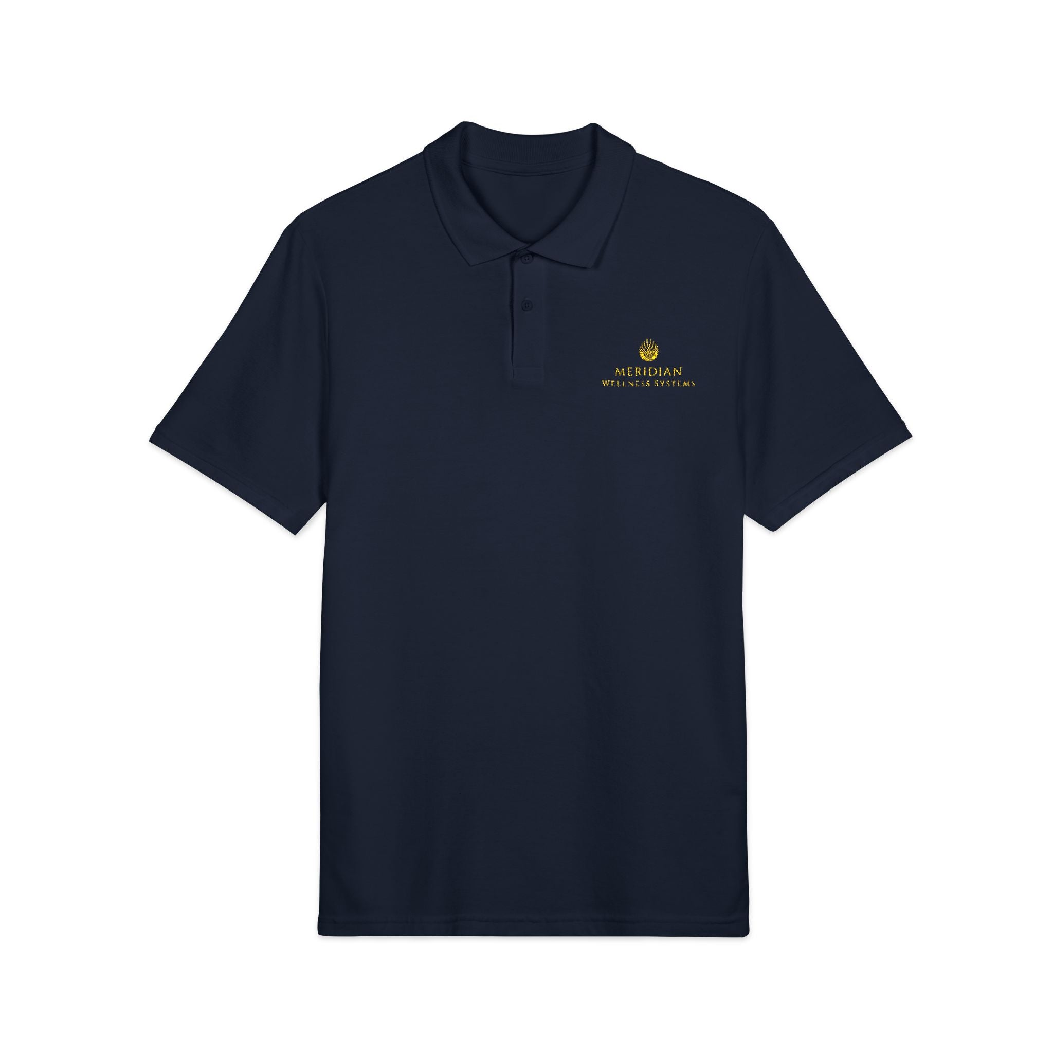 Embroidered Navy Polo Shirt — Small Golden Crest Chest Logo